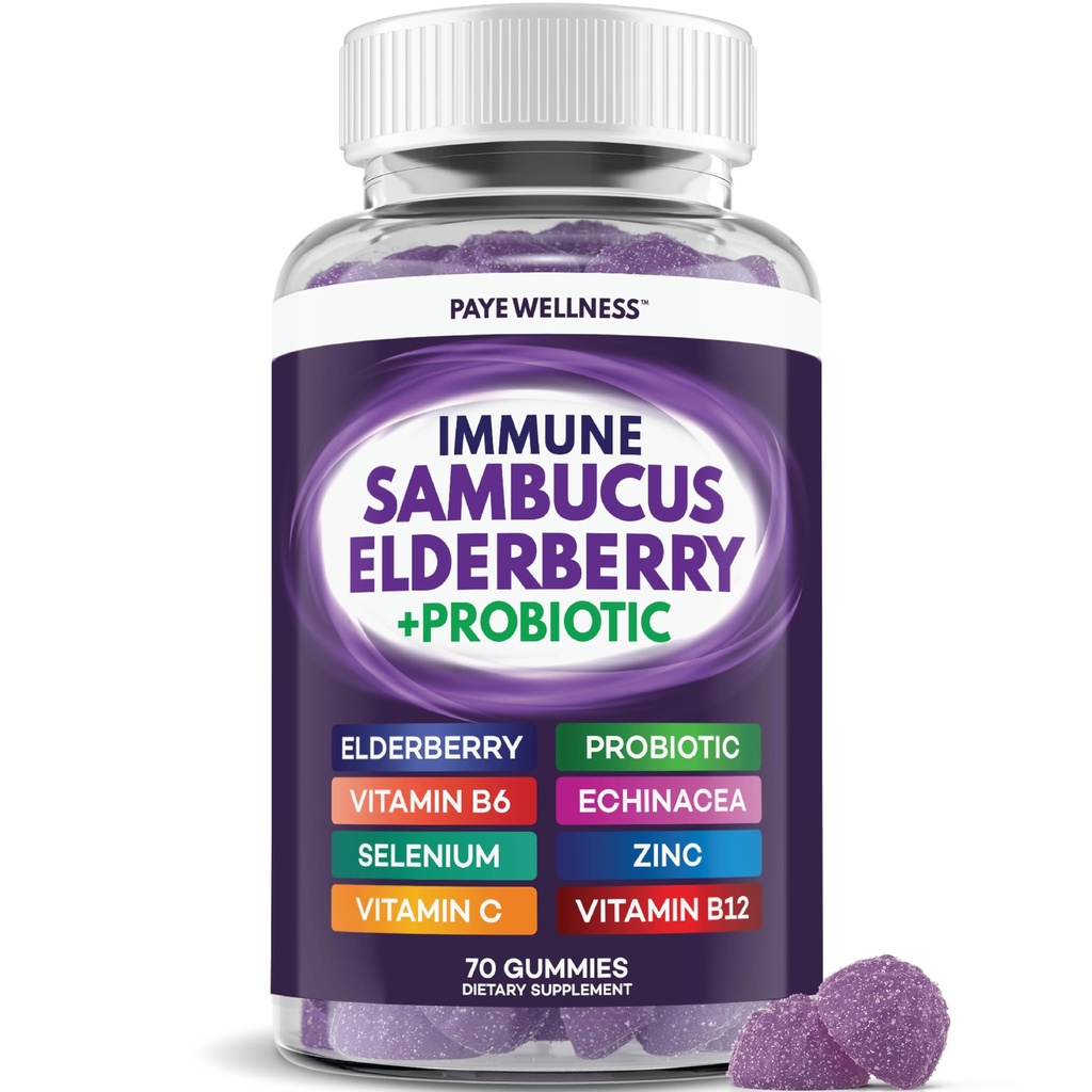 Bezgove jagode Imunska podpora, Dnevna podpora za otroke in odrasle*, s Sambucus Bezgove jagode, cink, vitamin C, D3, B6, B12, Plus - Prehranska dopolnila - 70 Count