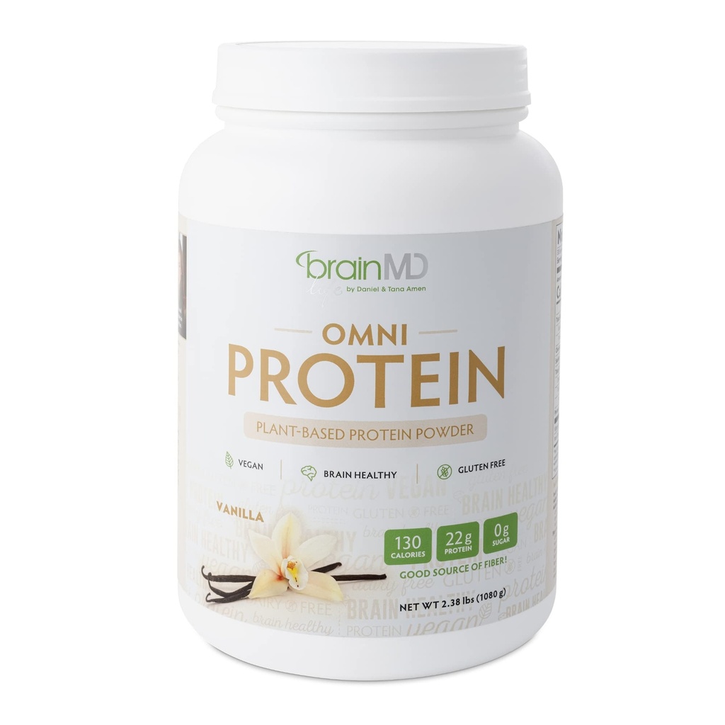 BRAINMD Dr. Amen Omni Protein Vanilla - 2,38 lbs - na rastlinah osnovani proteini v prahu - spodbuja energijo in telesno regeneracijo - Vegan, vegetarijanec, sladkor brez, Gluten brez - 30 Serving