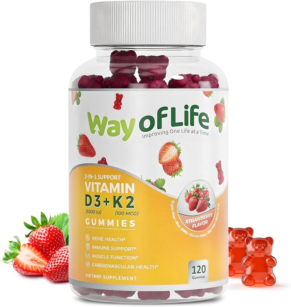 Vitamin D3 5000 i.e. (125 μg) + K2 (MK-7) 100 μg brez sladkorja Gumiji, jagode - 120 števk, zdravje kosti in srca za odrasle, glivice mišic, pektin, okus, žvečilni, ne-GMO, brez glutena, brez želatine