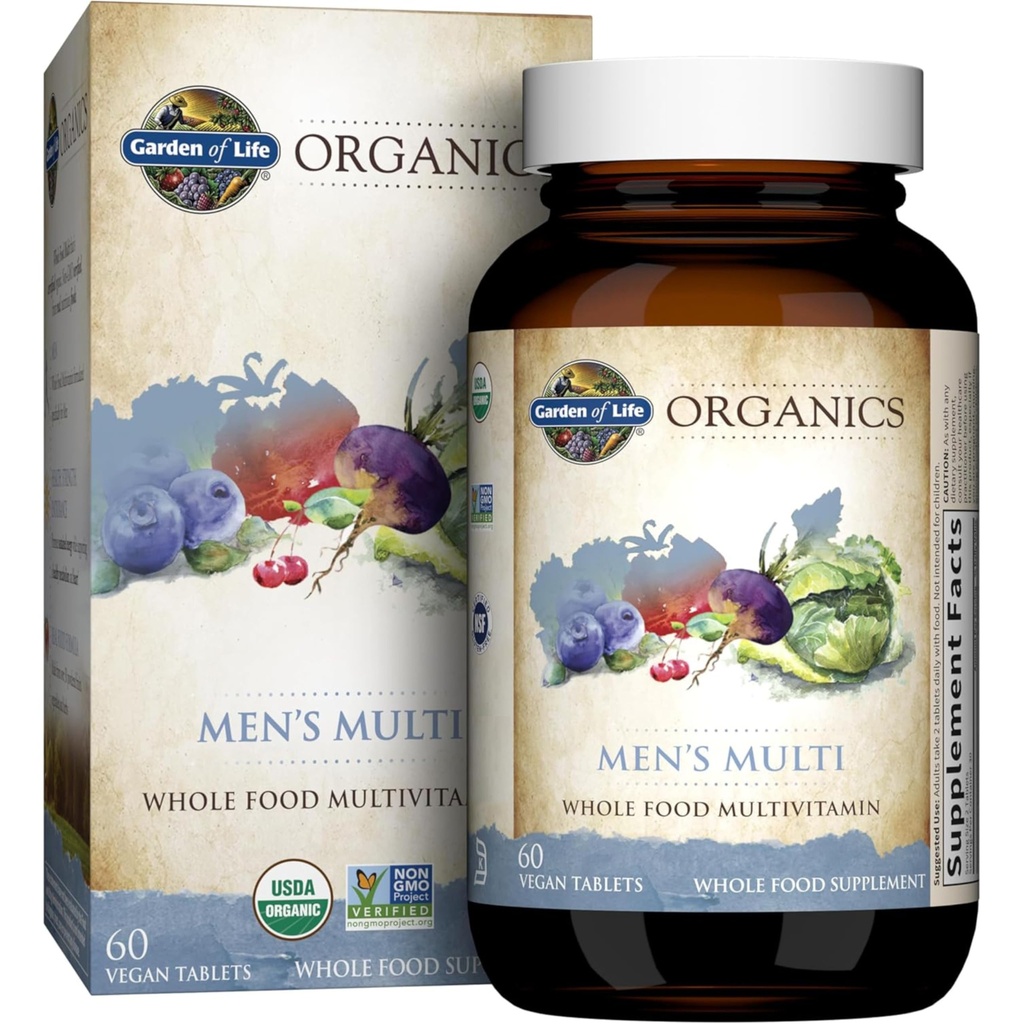 Vrt življenja Organics Cela hrana Multivitaminski za moške, 60 tablet, Veganski moški Vitamini in minerali za zdravje in dobro počutje, Certified Organic Vegan Multi