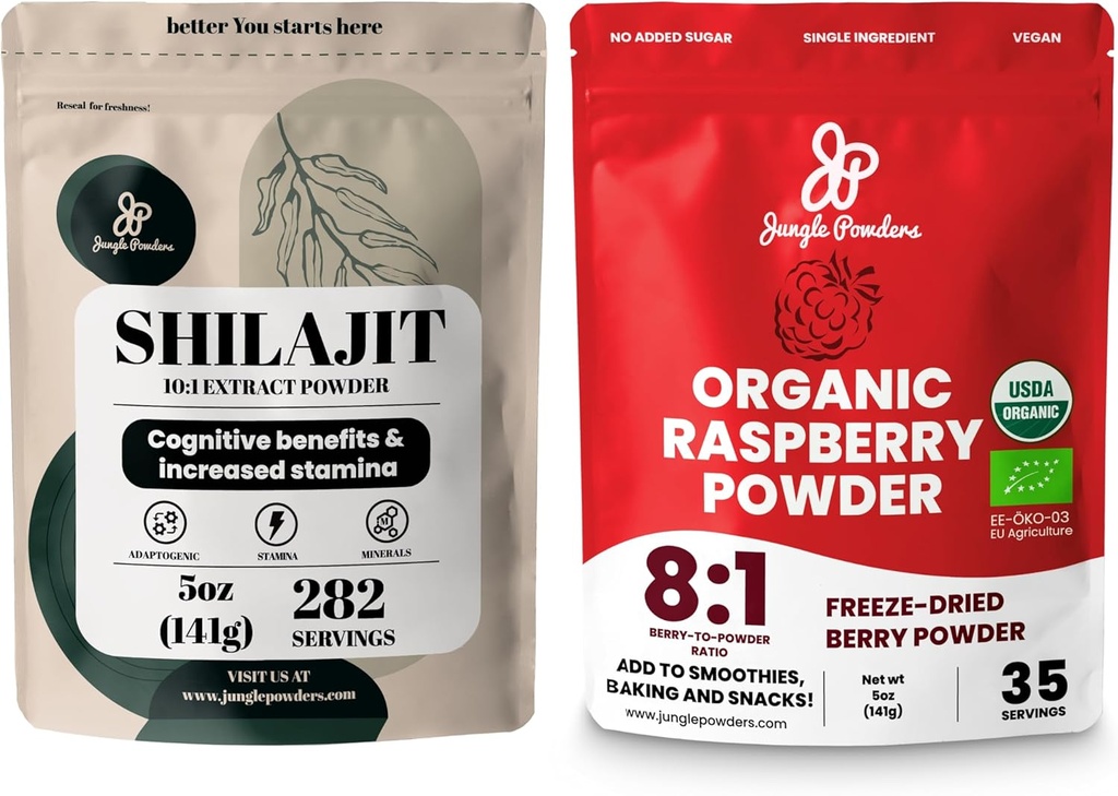 Jungle Powders Superfood Bundel: 5oz Raw Shilajit & 5oz Organic Raspberry Powder Combo - Moška energetska podpora, Imuni Boost, USDA Certified Freeze-Dried rdeče maline za peko, napitki