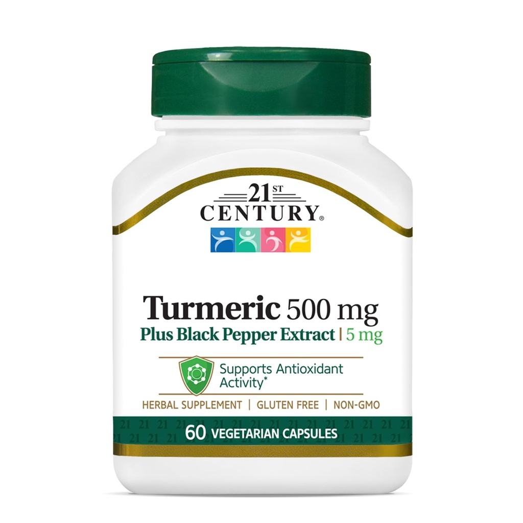 Kurkuma iz 21. stoletja 500 mg Plus izvleček črnega popra vegetarijanske kapsule, 60