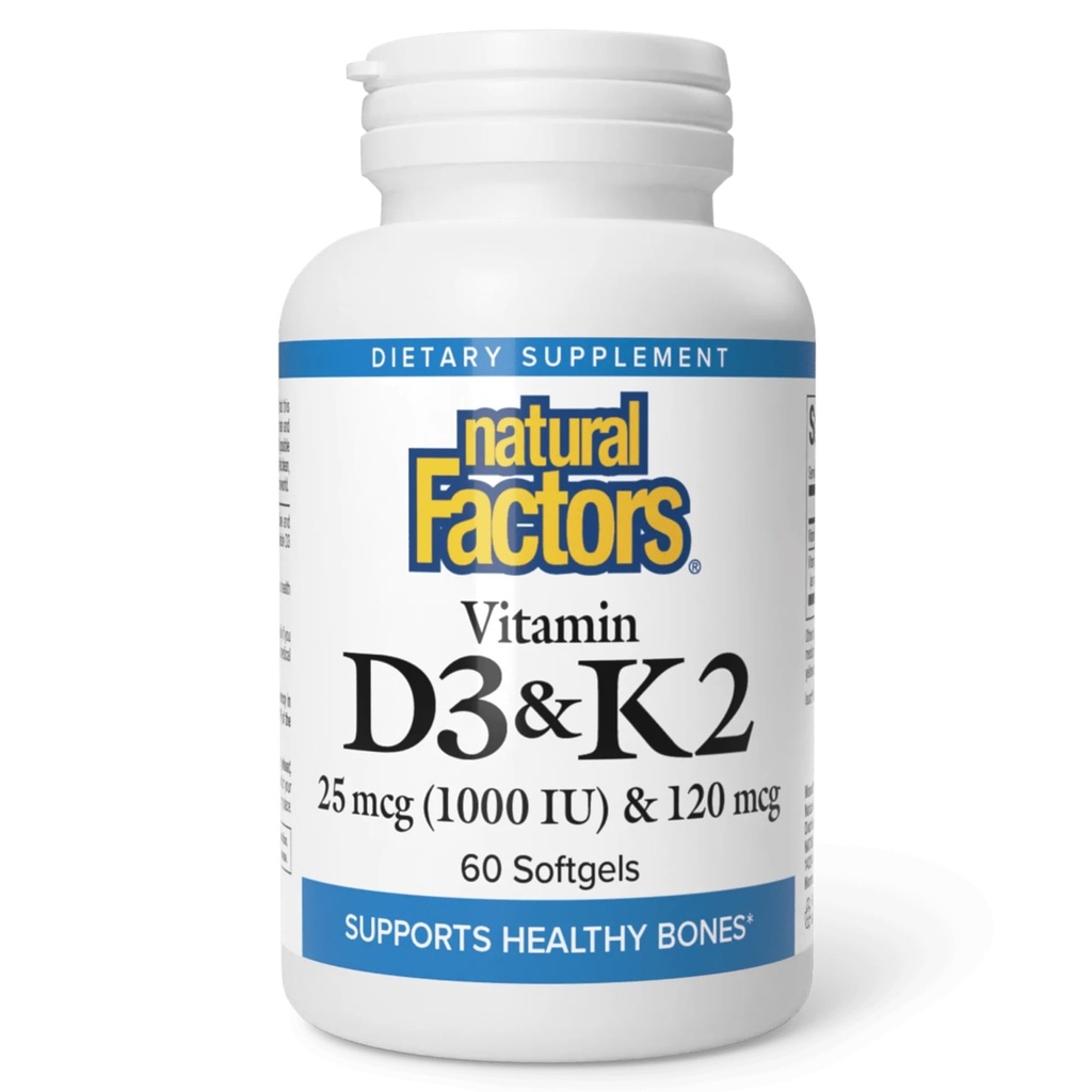 Naravni dejavniki, vitamin D3 & K2 1000 i.e. in 120 μg, podpira zdravje kosti in žil, 60 kapsul