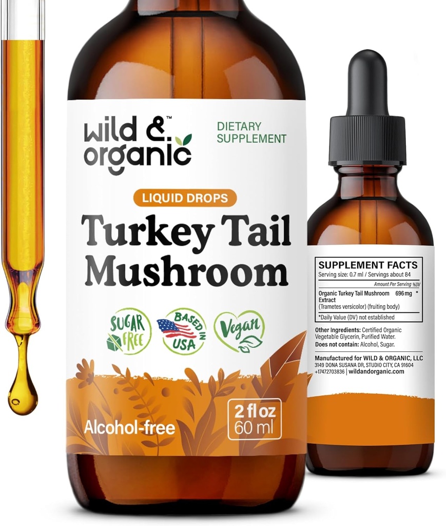 Wild & Organic Turkey Tail Tinkture - Imunska & Gut Podpora - Turčija Izvleček gob iz repa - Veganska, Sugar & Alkohol brez tekočine dodatek - 2 fl oz
