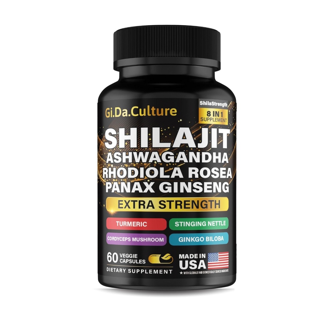 Shilajit Ashwagandha Rhodiola Rosea Panax Ginseng - za moške in ženske - kapsule Shilajit - 60 kapsul Veggie