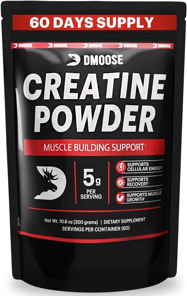 DMoose Kreatin monohidrat v prahu - Kreatin v prahu za pridobivanje in okrevanje mišic dodatek - 300g na Serv (5g) 2 Scoops - 60 Servis