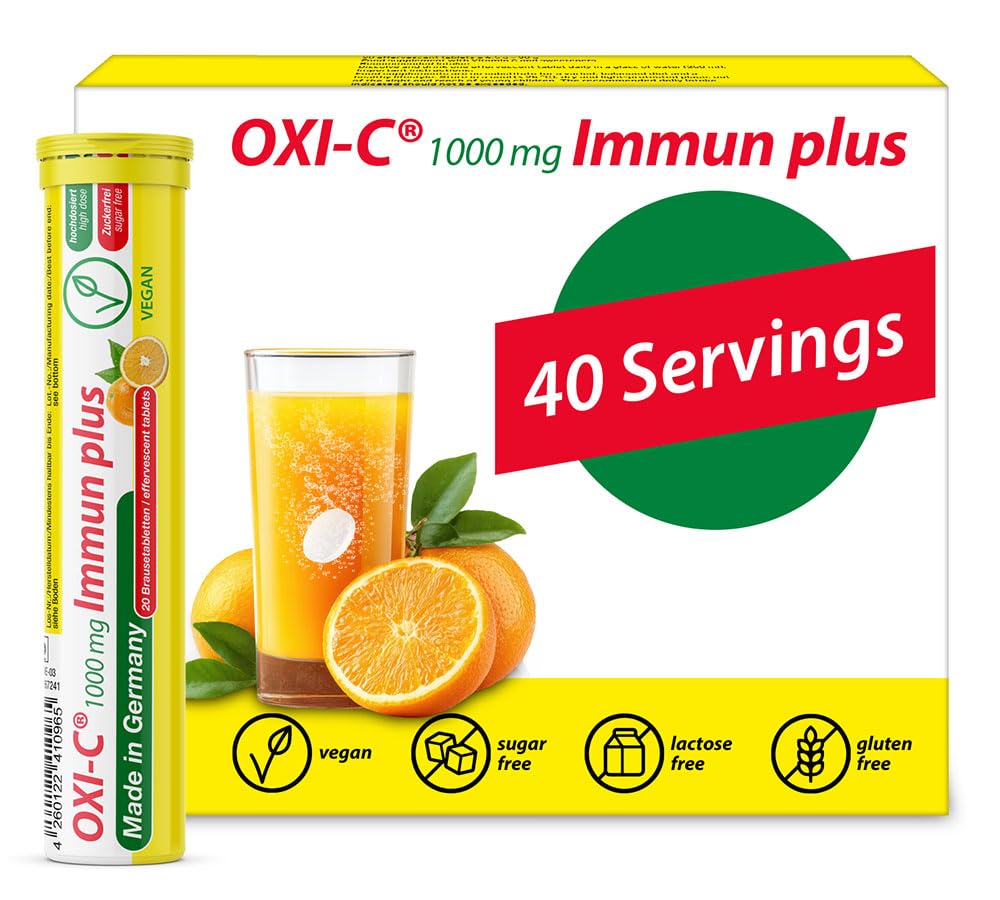 T&D Oxi C 1000 mg Vitamin C - 40 Veganska pijača šumeče tablete - Oranžna aroma - Izdelana v Nemčiji