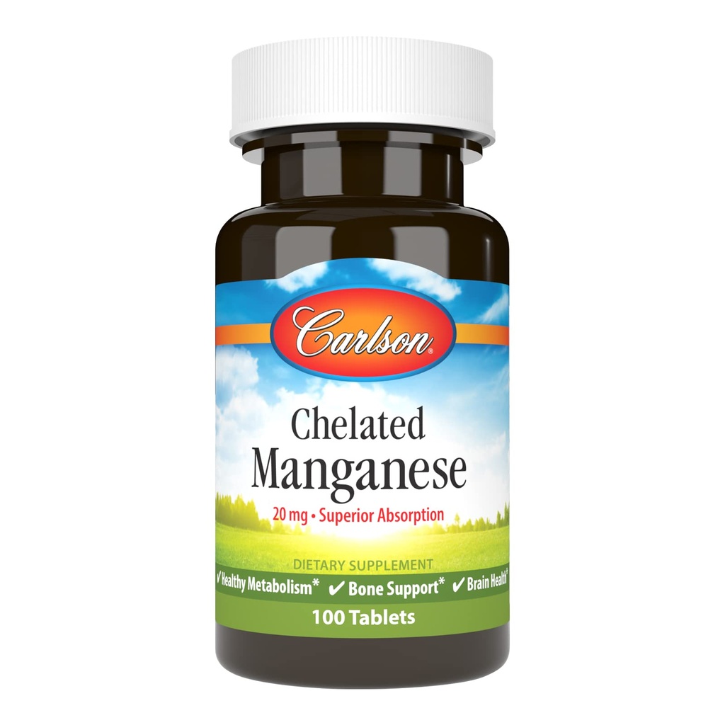 Carlson - kelirani mangan, 20 mg, superior absorpcija, zdrava presnova, podpora kostem in zdravje možganov, 100 tablet