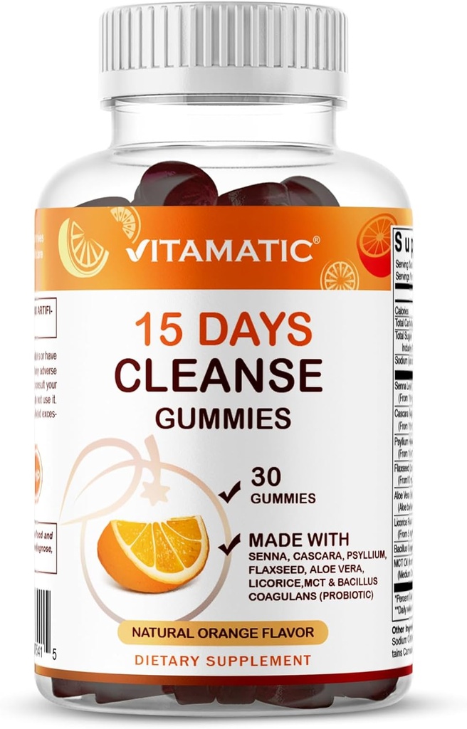 Vitamatski 15-dnevni čistilni gumi, Senna, Cascara, Psylium, Laneno seme, Aloe Vera, Likorice, MCT, Probiotik