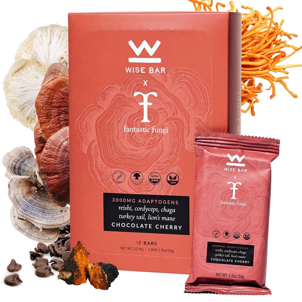 Wise Bar Adaptogen gobe Prehranske čokoladice z Reishi, Lions Mane & Ashwagandha, Organic Vegan & Gluten Prosti prigrizki za naravni fokus, Energy & Immuniteta Podpora, Čokolada Češnjeva aroma, 12 Count