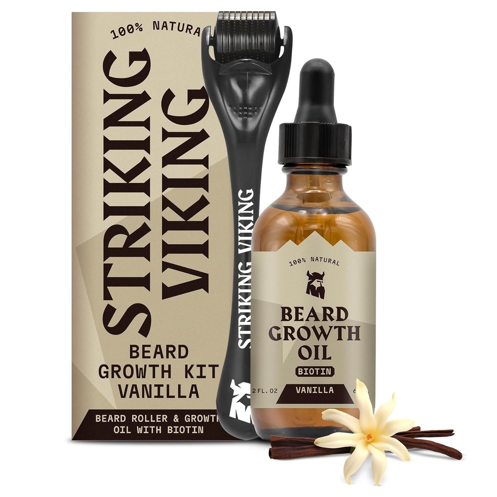 Krepko olje za rast vikinške brade - 2 fl oz, paket 1, Vanilla - Debelost Brada olje z Jojoba & Argan ekstrakti - spodbuja rast obraza las in cilji krpa območja - Biotin Fortified