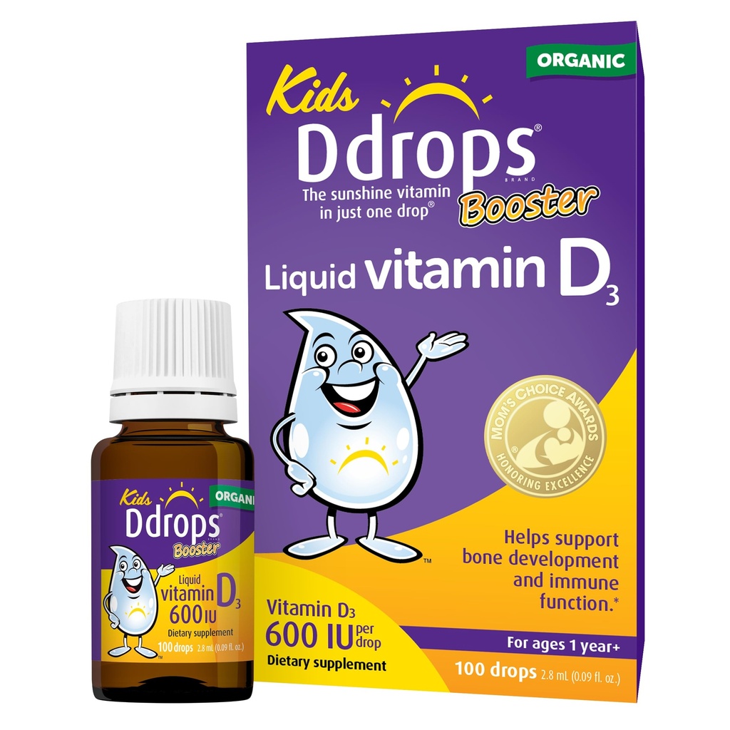 Ddrops Kids Booster 600IU 100 kapljic - dnevni tekoči vitamin D za otroke. Podpora močne kosti in imunski sistem pri otrocih. Brez konzervansov, brez sladkorja, brez GMO, alergija prijateljsko