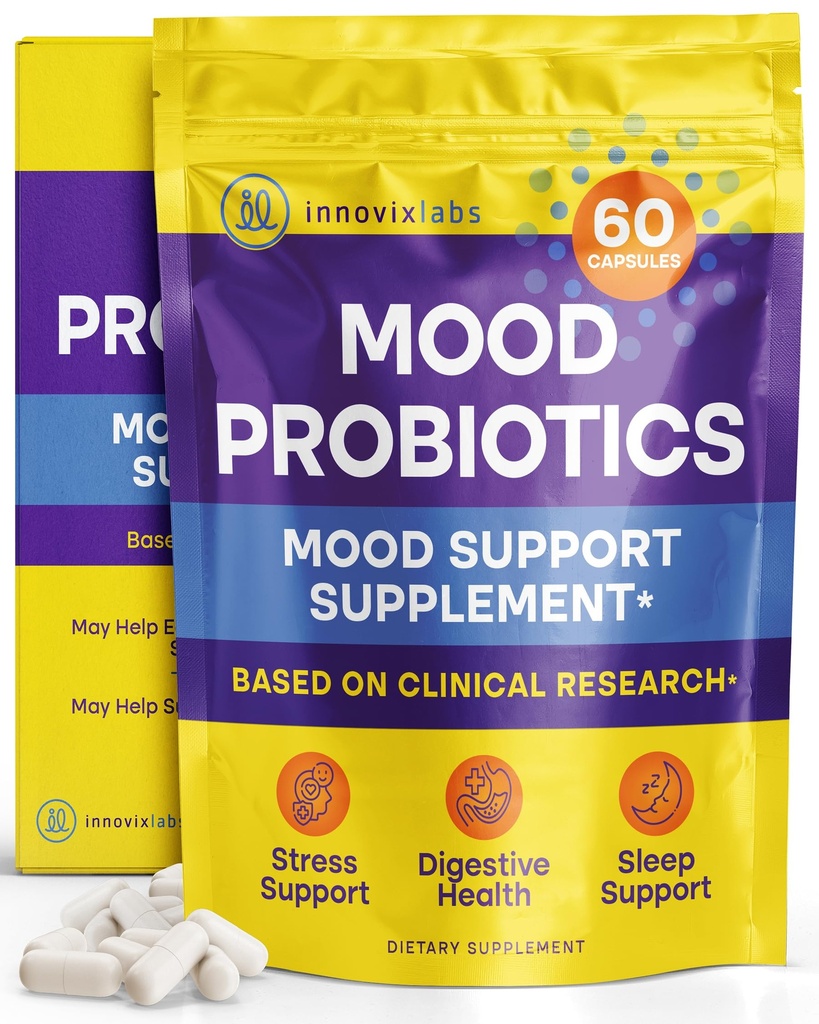 InnovixLabs Mood Probiotic za ženske in moške, klinično raziskana digestivna in razpoloženjska podpora dodatek, Lactobacillus helveticus Rosell-52ND & Bifidobacterium longum Rosell-175, 60 kapsul