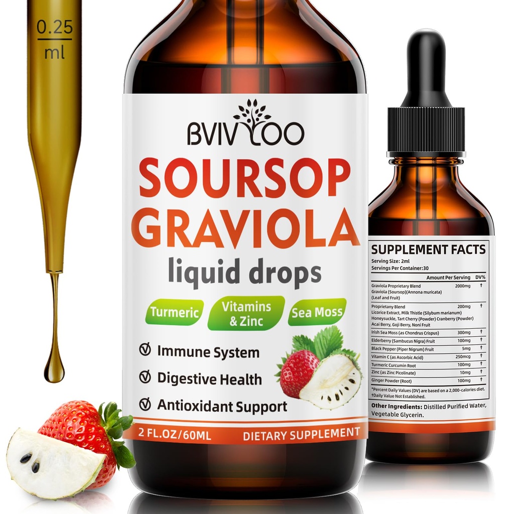 Soursop Graviola Tekoče kapljice za podporo celic in regeneracijo, Imune Boost, Relax, Jetra in spanje, Soursop Bitters Tekoči, Sladkor/Gluten Prost, naravne jagode aroma - 2 Fl Oz (60ml) Steklenica
