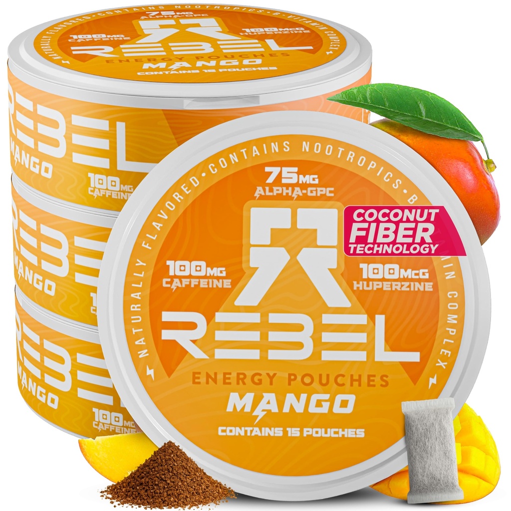 Nootropna energija Kofein vrečke • 100mg kofein • Alfa GPC • Huperzin A & Essential Vitamini • Sugar-free • Coconut Fiber tehnologija • Mango Flavor • 15 vrečke na pločevinko (Pack po 4)