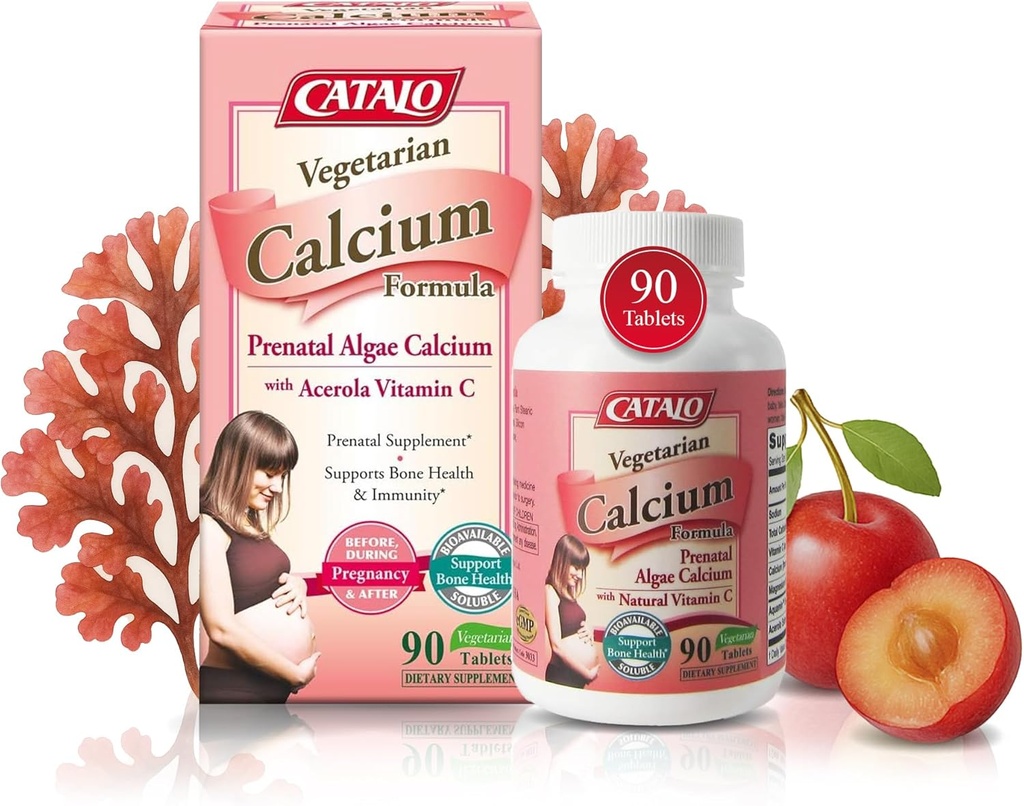 CATALO Vegetarijanski kalcijevi dodatki za ženske - na rastlinah temelječi kalcij rdeče alge z magnezijem in vitaminom C za izboljšano absorpcijo - 90 tablet