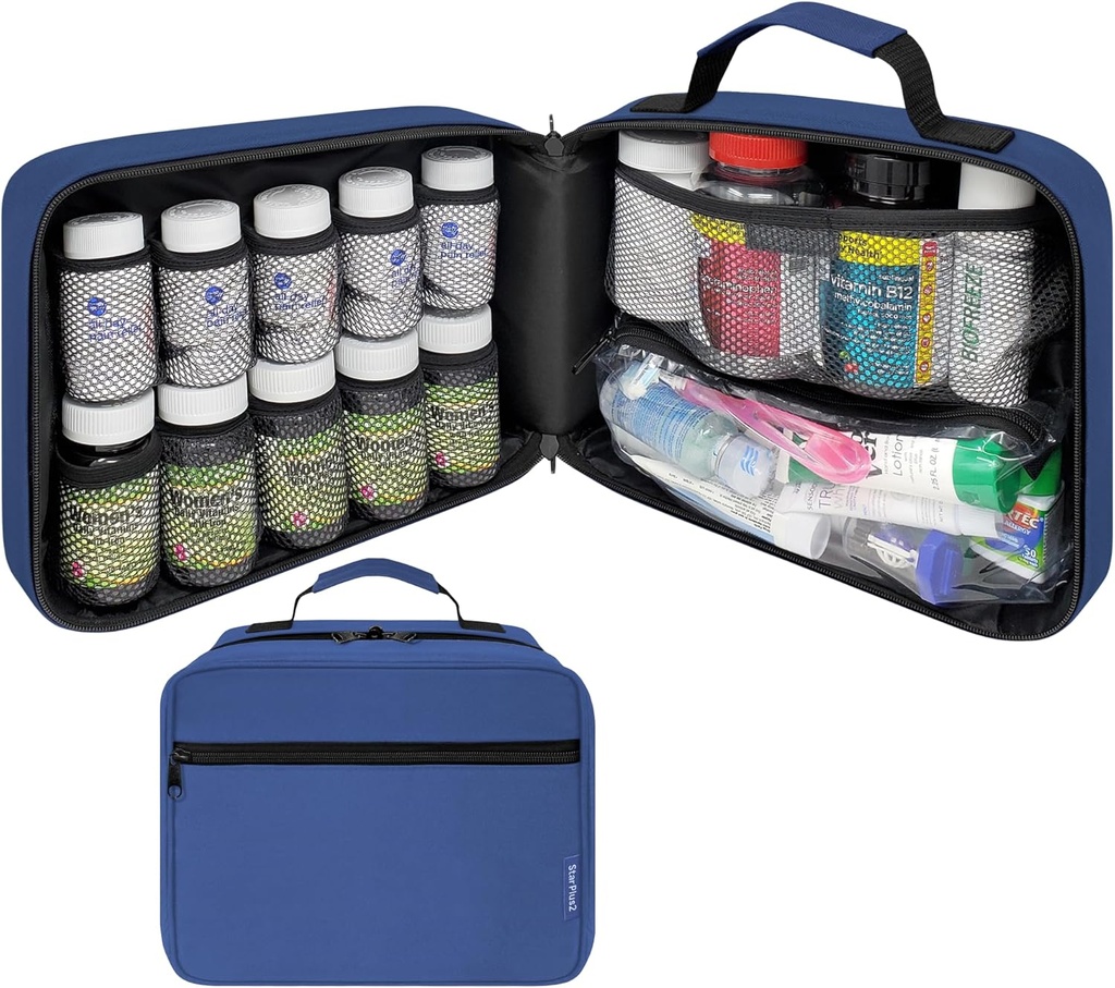 Velika oblazinjena tableta Bottle Organizer, Medicine Bag, Case, Nosilec za zdravila, Vitamini, in medicinske potrebščine - Travel Medicine Organizer in Home Shramba Med Bag - Modra (Brez ključavnice)