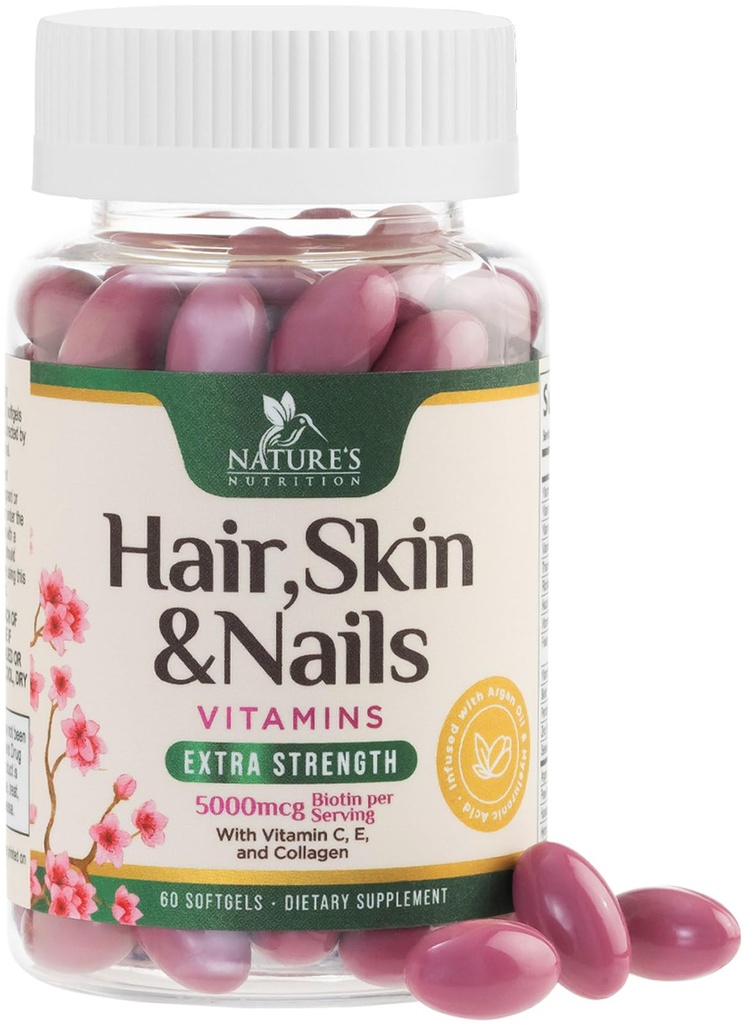 Lasje, kože in nohti Vitamini za ženske - Biotin 5000mcg za podporo rasti las z arganovim oljem, kolagen in hialuronska kislina, lepa, močnejša koža, lasje in nohti Vitamin dodatek - 60 Softgels