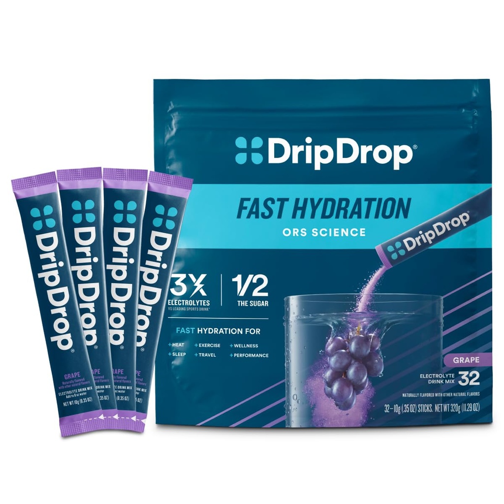 DripDrop Hydration Packets - Grozdje - Enodelni serve Elektroliti v prahu mešanica - Ne-GMO, Gluten prost, Vegan - 32 palice