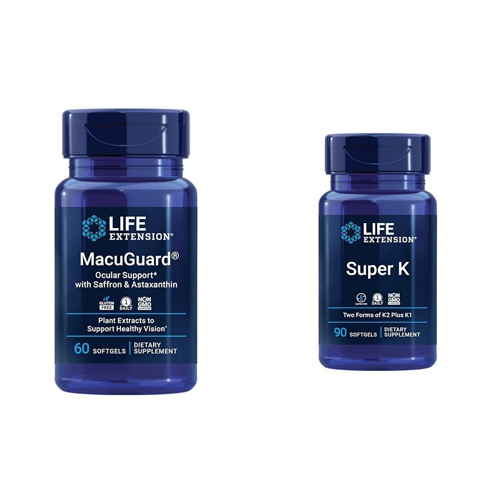 Life Extension Macuguard Eye Health Supplement z Luteinom, Meso-Zeaksantinom, Saffron & Astaksantin - 60 Count in Super K Vitamin K1 K2 MK-7 MK-4 Vitamin C - 90 Softgels