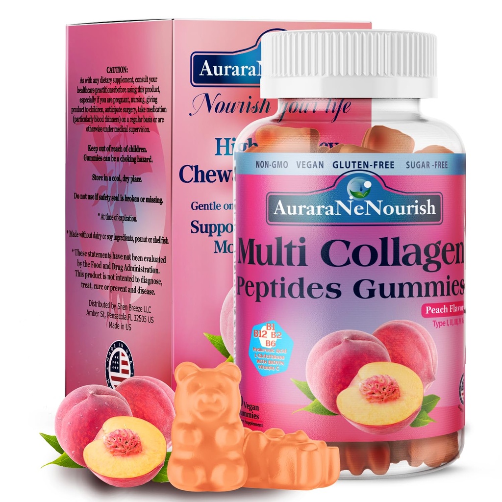 Več kolagenske peptide Gumies, brez sladkorja hidrolizirani 5000 mg proteinov.Tip I,II,III,V,X z biotinom hialuronska kislina Vitamin C A D B6 B12 L-glutation za kožne nohte skupne kosti - Peach Gumies
