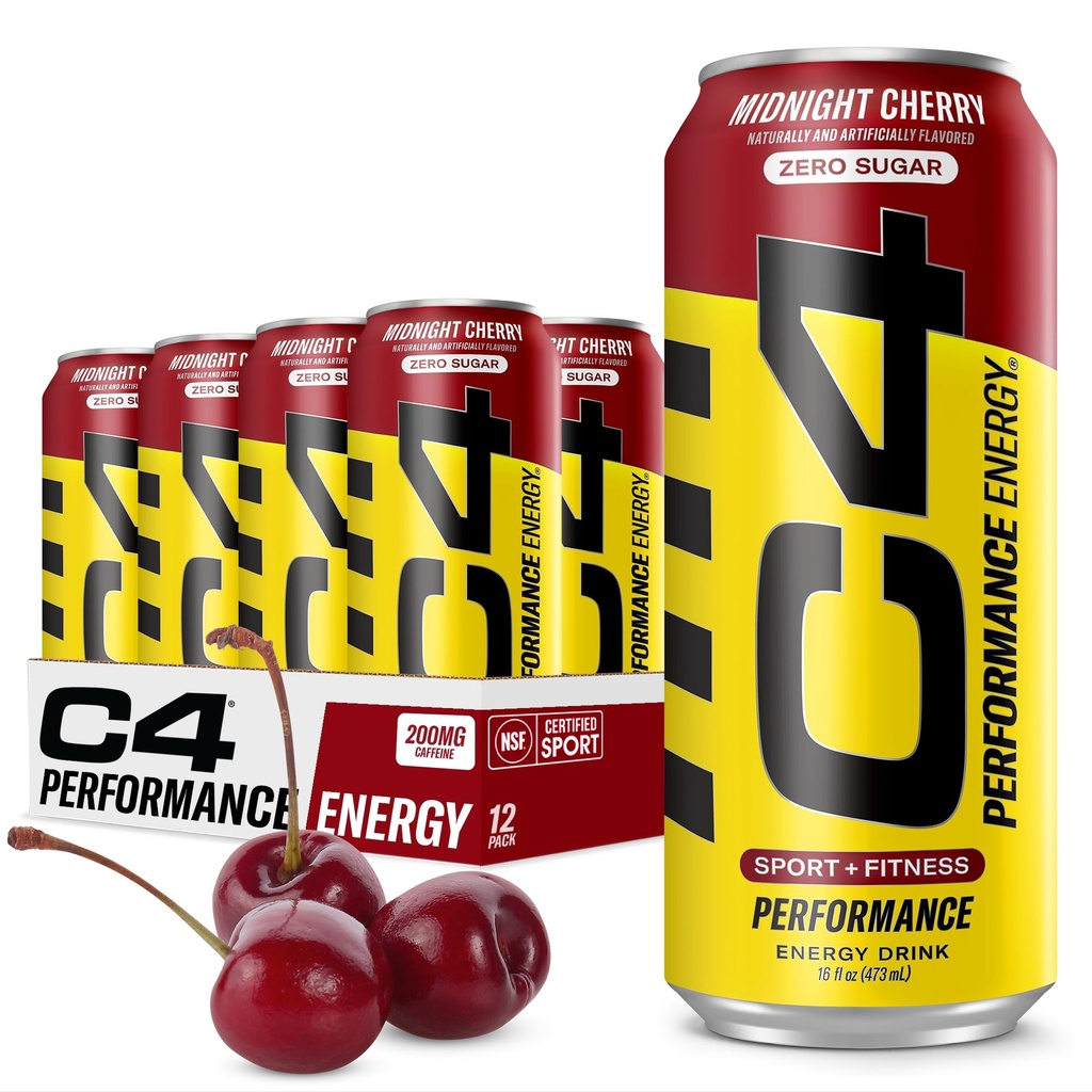 C4 Energija Ogljikov nič sladkor Energijski napitek, Predworkout napitek + Beta Alanine, Polnočni Cherry, 16 Fl Oz (Pack of 12)