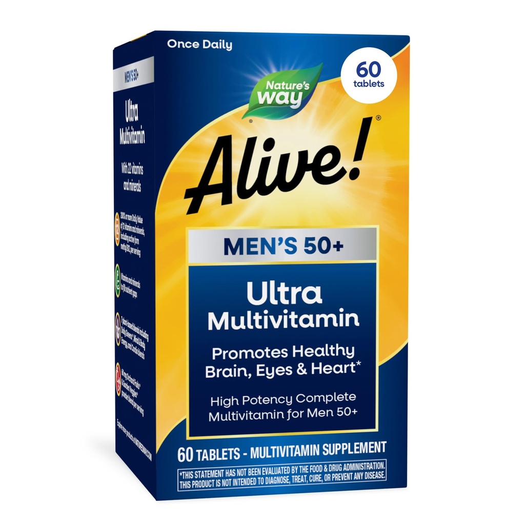 Naravna pot živa! Moški 50+ Daily Ultra Multivitamin, Visoka jakost Formula, Podpira zdrave možgane, oči in srce*, z metiliranim B12, Gluten-free, 60 tablet (Packaging May Vary)