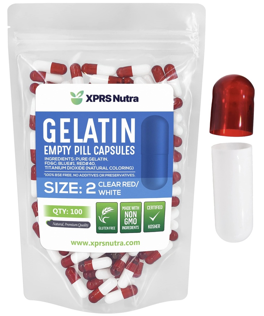 XPRS Nutra velikost 2 prazni kapsuli - 100 Štetje praznih kapsul želatine - tablete DIY Kapsule Polnjenje - Čiste goveje tablete Gel caps za Do-it-Your Yourself Supplements (Čisto rdeča/bela)