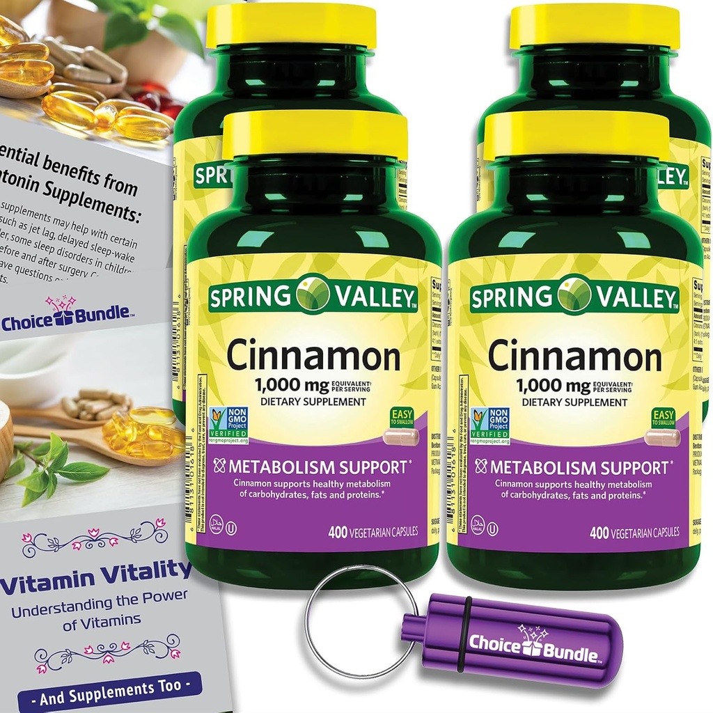 Izbirni paket Spring Valley Cimet Prehranska dopolnila 1000mg 400 ct Vegetarijanske kapsule 4 pk (1600 skupaj) + “Vitamin Vitality” Vodnik & Pill Container (6 izdelkov)!