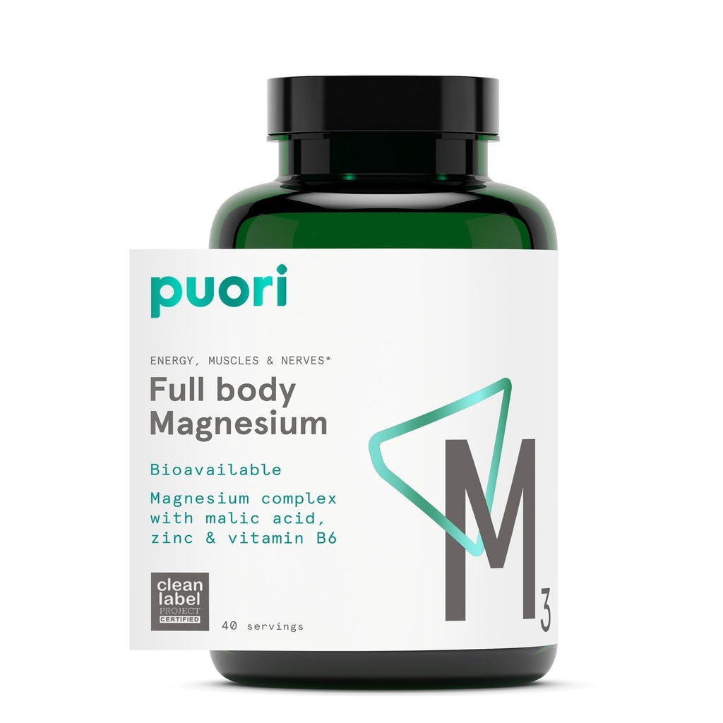 Puori Magnezij Complex dodatek - visoka absorpcija Magnezijev tavrina in glukonat, cink, vitamin B6 & Malinska kislina za podporo spancu, Imunsko zdravje in okrevanje kosti in mišic - 120 Veganske kapsule
