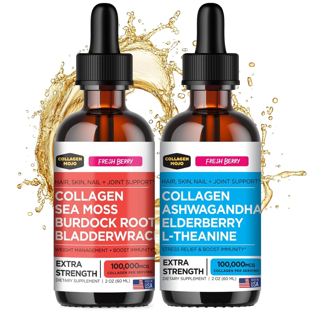 Kolagen Mojo Tekoči kolagen Peptide z morskim mossom, Burdock Root & Bladderwrack + tekoči kolagen Peptide z Ashwagandha, Elderberry & L-Theanine