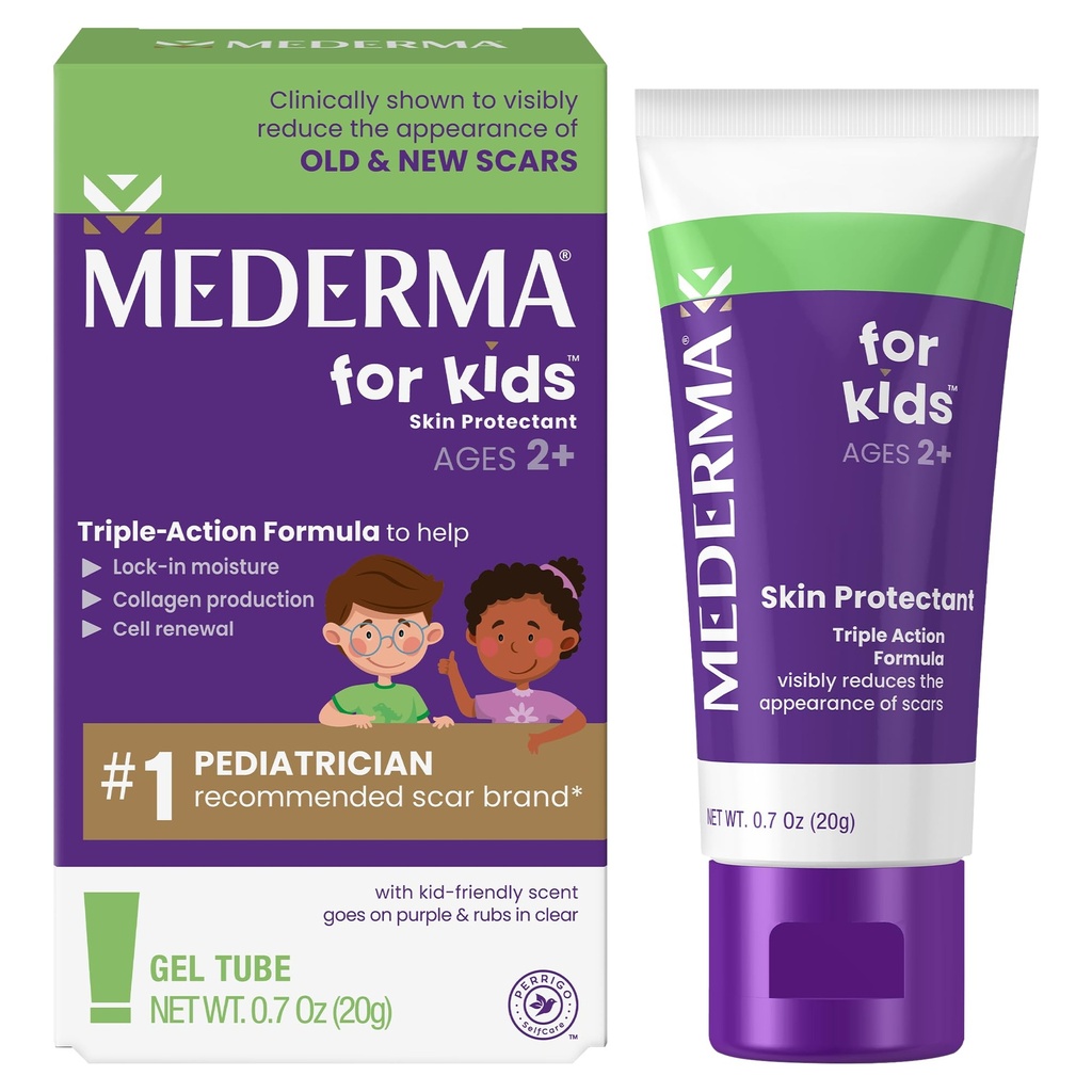 Gel Mederma Scar za otroke - zmanjša videz starih in novih brazgotin iz rezov, opekline, kirurgija, žuželke ugrizi & scrapes, grozdni scented, Goes on Purple & Rubs v jasno, starosti 2+, 0,70 Oz
