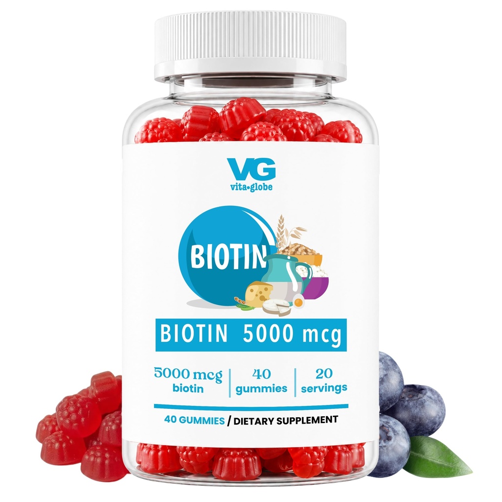 VITA GLOBE Biotin Gumies 5000 μg – Dodatna podpora za lase, kožo in nohte – mešana jagodna aroma, Vegan, ne-GMO Gummy vitamini za ženske in moške – 40 Count (Pack of 1)