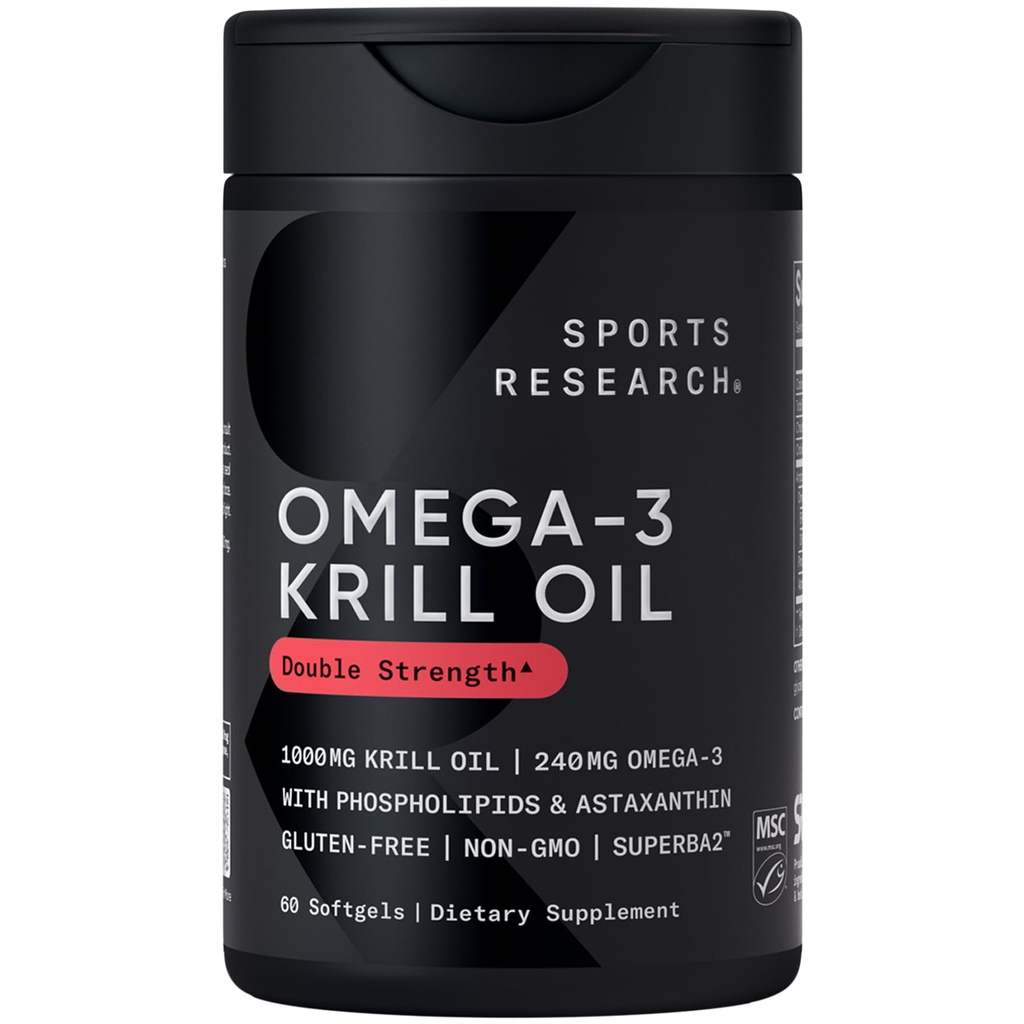Sports Research Krill Oil Supplement with EPA & DHA Omega 3, Fosfolipids & Astaksantin iz Antarktike Krill - Najvišja koncentracija Krill olja za moške in ženske - 1000mg, 60 kapsul Softgel