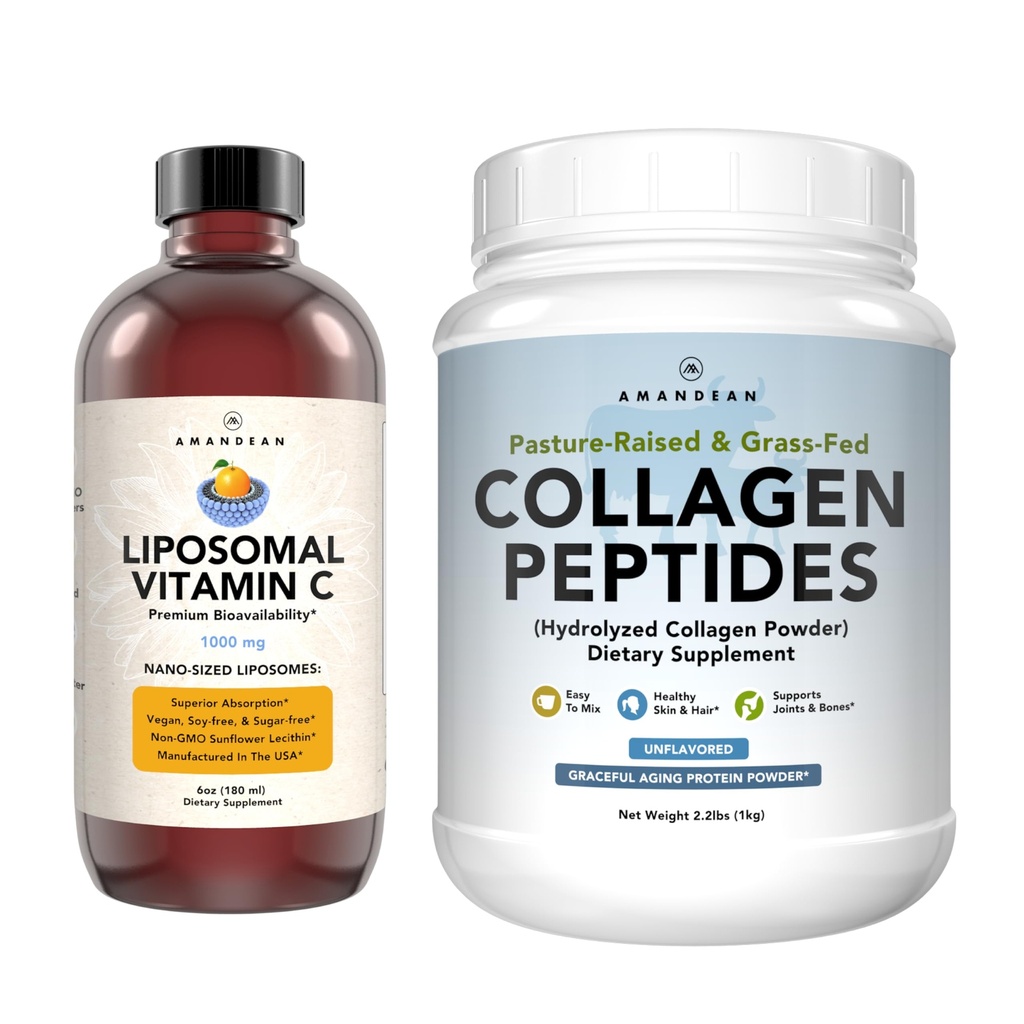 AMANDEAN Premium liposomski vitamin C & goveji kolagen Peptides Bundle. Močan antioksidant. Tekoči Quali-C. Hidroliziran tip 1 in 3. Imunska podpora. Zdrava koža, lasje in nohti