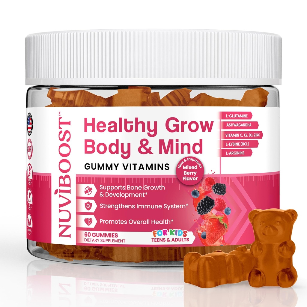 Zdrava rast Rast Gumiji Bogati s kalcij, Vitamini C, D3, K2, L-Arginin, Ashwagandha, in drugi, Poživi zdravje kosti in imuniteto, Multivitaminski, za otroke 5+, Najstniki in odrasli.