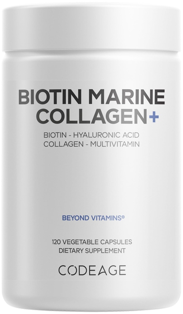 Koda Biotin Marine Kolagen Peptidi - Divji morski kolagen Tipi I & III, Biotin, Vitamini C & E, Hialuronska kislina, Aminokisline, Sadje in zeliščna mešanica, Ne-GMO - 120 kapsul