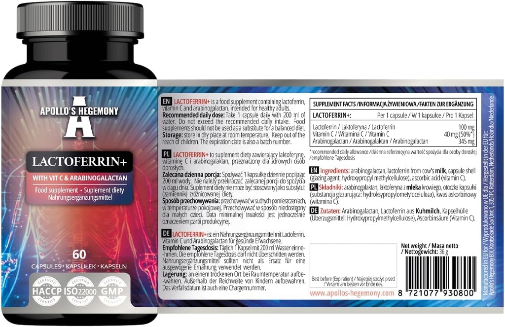 APOLLOVA HEGEMONY Lactoferrin+ 100 mg - z vitaminom C in Arabinogalaktan - 60 veganskih kapsul - 2 meseca dobave - za izboljšano imunizacijo in absorpcijo železa