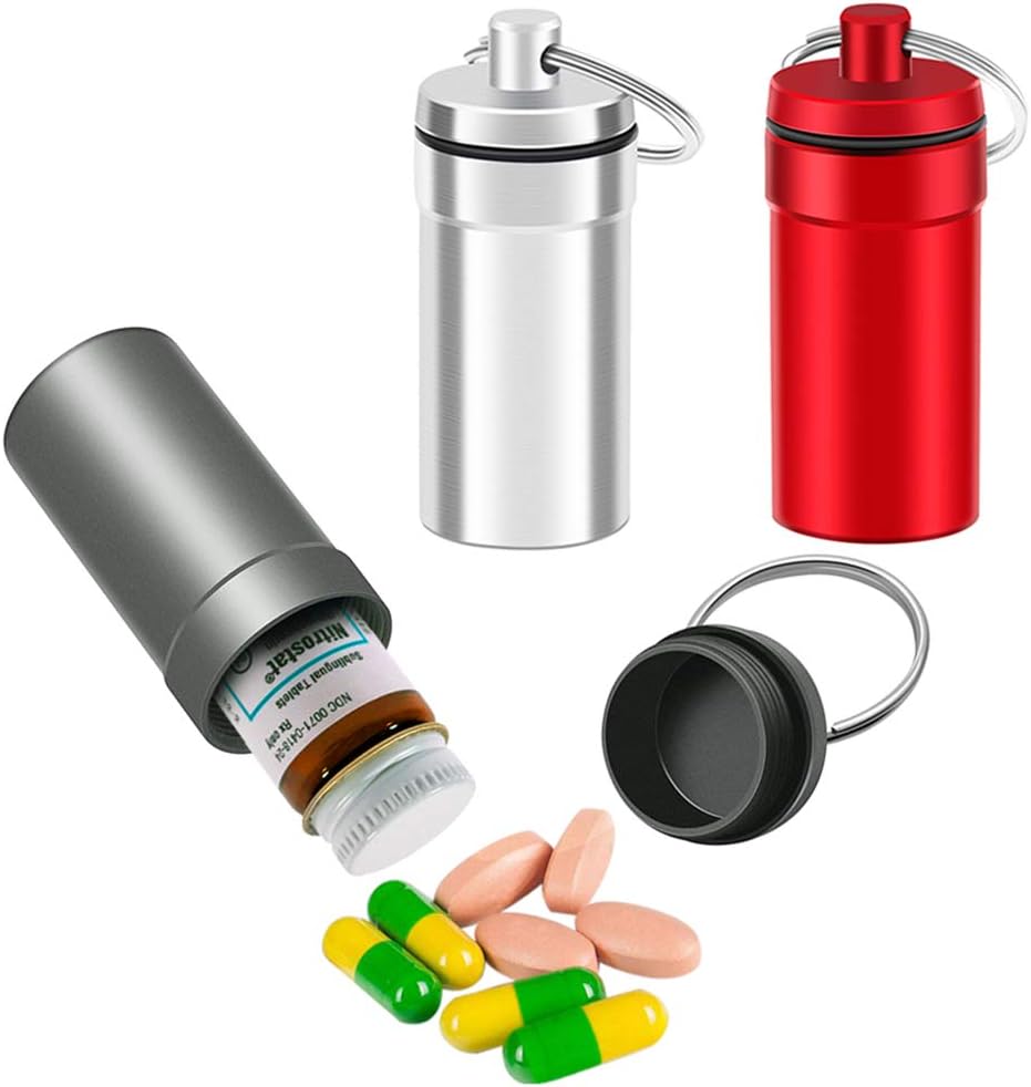 3 Pakiranja Vodoodporne tablete Aluminij Fob Container, EFFIET Nitro Steklenička Imetnik Nitroglicerin Pill Primer Emergency Keychain Tablete Imetnik za zdravila Organizator Dispenser (Silver-Matt-Red)