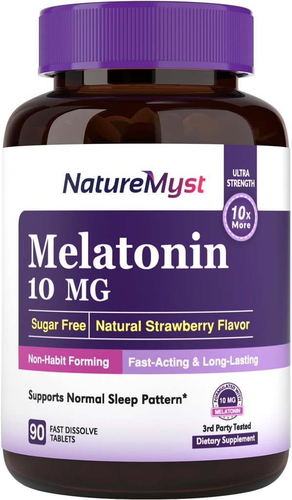 Melatonin 10 MG, hitre tablete za raztapljanje, ultra moč, nenavadna oblika, podpora spanju in miru, brez sladkorja, naravna jagodna aroma, 90 tablet