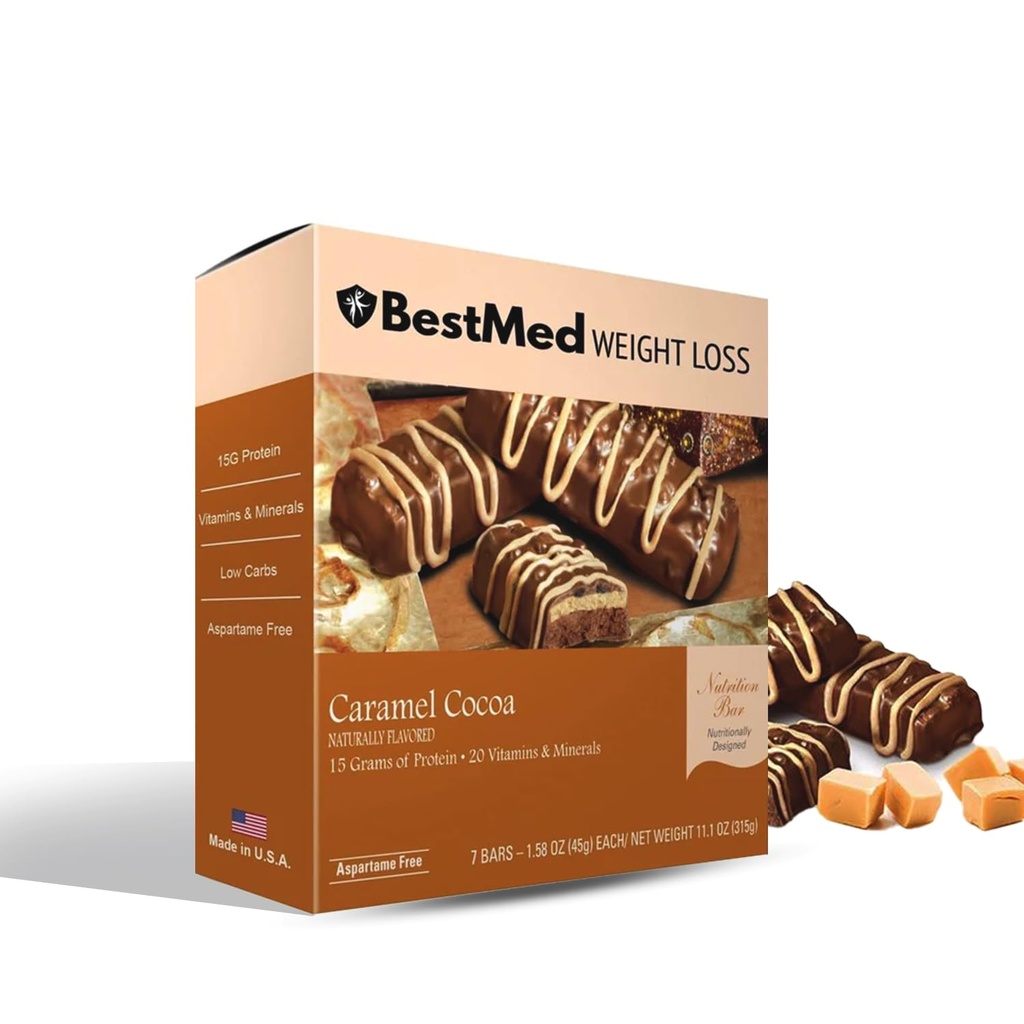 BestMed - Visoke beljakovine Nutrition Bar - Nizki ogljikovi hidrati, 15g Beljakovine, Nizki sladkor, Visoke vlaknine, Nizki kalori, Nadomestna Bar obroka (Caramel Cocoa, 1 Box - 7 Count)