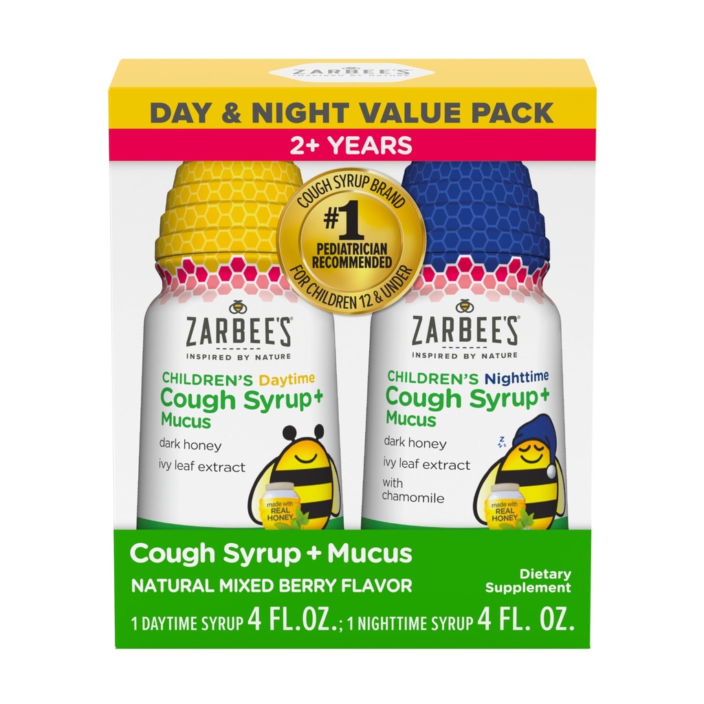 Zarbejev otroški medni kašelj Sirup + Mukus Day & Night Value Pack, Daytime & Night Time Toddler Kašelj Sirup, temni med, Izvleček bršljanovega lista, Kamilica, Mešana Berry Flavor, 2X 4 Fl Oz
