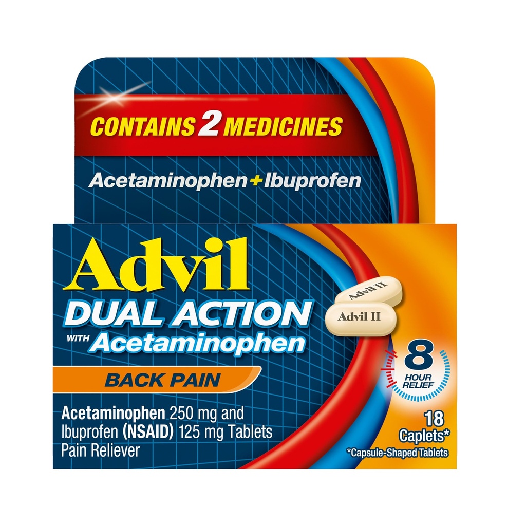 Advil Dual Action Back Caplets Zagotavlja 250 mg ibuprofena in 500 mg acetatfena na odmerek za 8 ur lajšanje bolečine v hrbtu - 18 Število