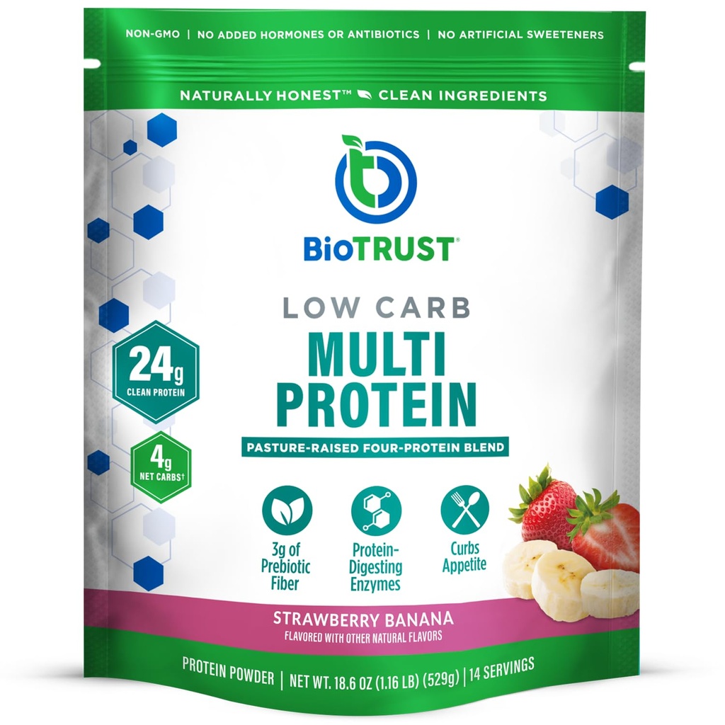 Biotrust Low Carb Protein Powder – okusna mešanica sirotke in kazeina iz krav brez travniškega izvora – brez GSO, brez glutena (surova banana)