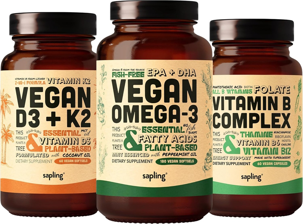 Vegan Omega 3 180 Softgels & Vegan D3 + K2 & Vitamin B Kompleksni paket - Na rastlini temelječe DHA & EPA maščobne kisline, 4000 i.e. vitamina D3 in 100mcg Vitamin K2, Essential B Vitamini