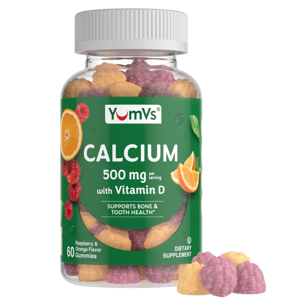 YumVs kalcij 500mg z vitaminom D3 - Raspberry & Orange Flavor kalcij vitamin D Gumies, žvečljivi kalcij dodatek za otroke in odrasle, vitamin D kalcijeve žvečilke, Kosher halal gluten brezplačno (60 Count)