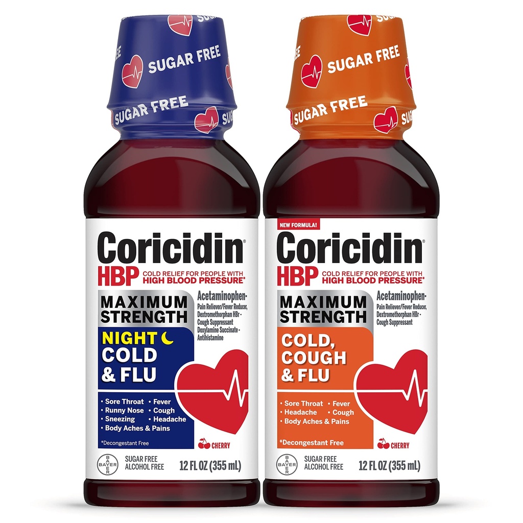 Koricidin HBP največja moč hladno in gripo dan in noč Sugar-free Tekoči Twinpack, Decongestant-free Cold Medicine za odrasle z visokim krvnim tlakom -12 Fl Oz (Pack po 2)