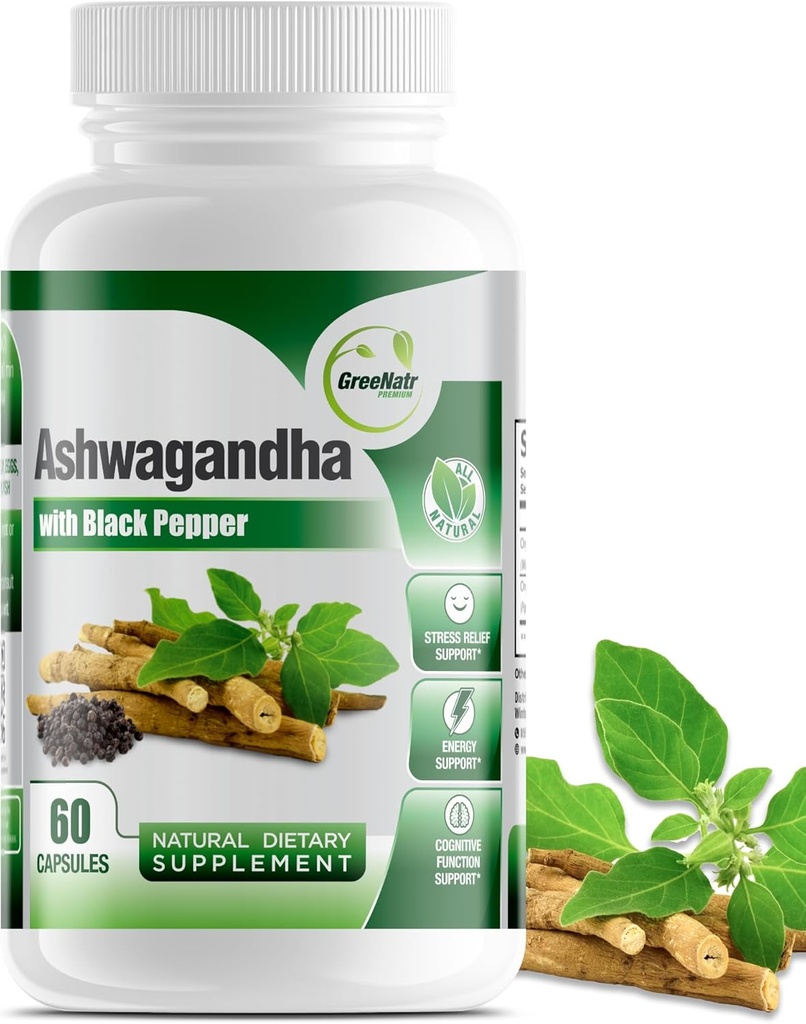 GreeNatr Organic Ashwagandha Kapsule s črnim poprom za izboljšano absorpcijo - Krepilec razpoloženja z energijo in kognitivno funkcijo - 1300 mg Veggie kapsule (1 steklenica)