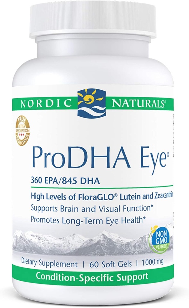 Nordic Naturals ProDHA Eye - ribje olje, 360 mg EPA, 845 mg DHA, 20 mg FloraGLO lutein, 4 mg Zeaksantin, Podpora za nevrološko funkcijo in dolgotrajno zdravje oči*, 60 mehkih gelov