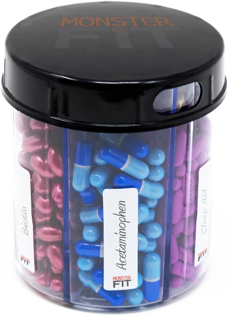 Dodatna steklenička tablete Dispenser, 6 Kompartment, Oznake, enostavno odprto, Anti-Mexing, Mesečni Vitamin Organizator, Monster Fit mlajši Medication Holder (Čisto, majhno)